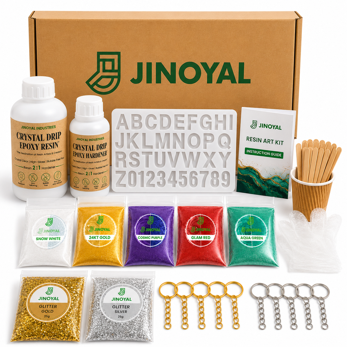 Jinoyal Resin Art Starter Kit with Epoxy Resin, Alphabet Mould, mica Powder  & Keychain Accessories