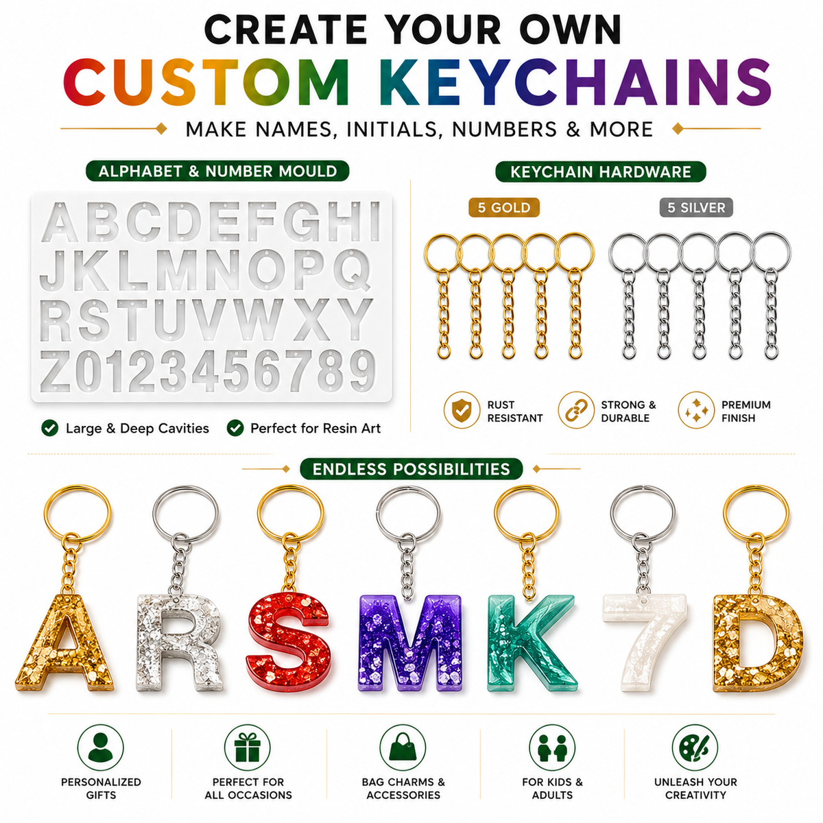 Jinoyal Resin Art Starter Kit with Epoxy Resin, Alphabet Mould, mica Powder  & Keychain Accessories