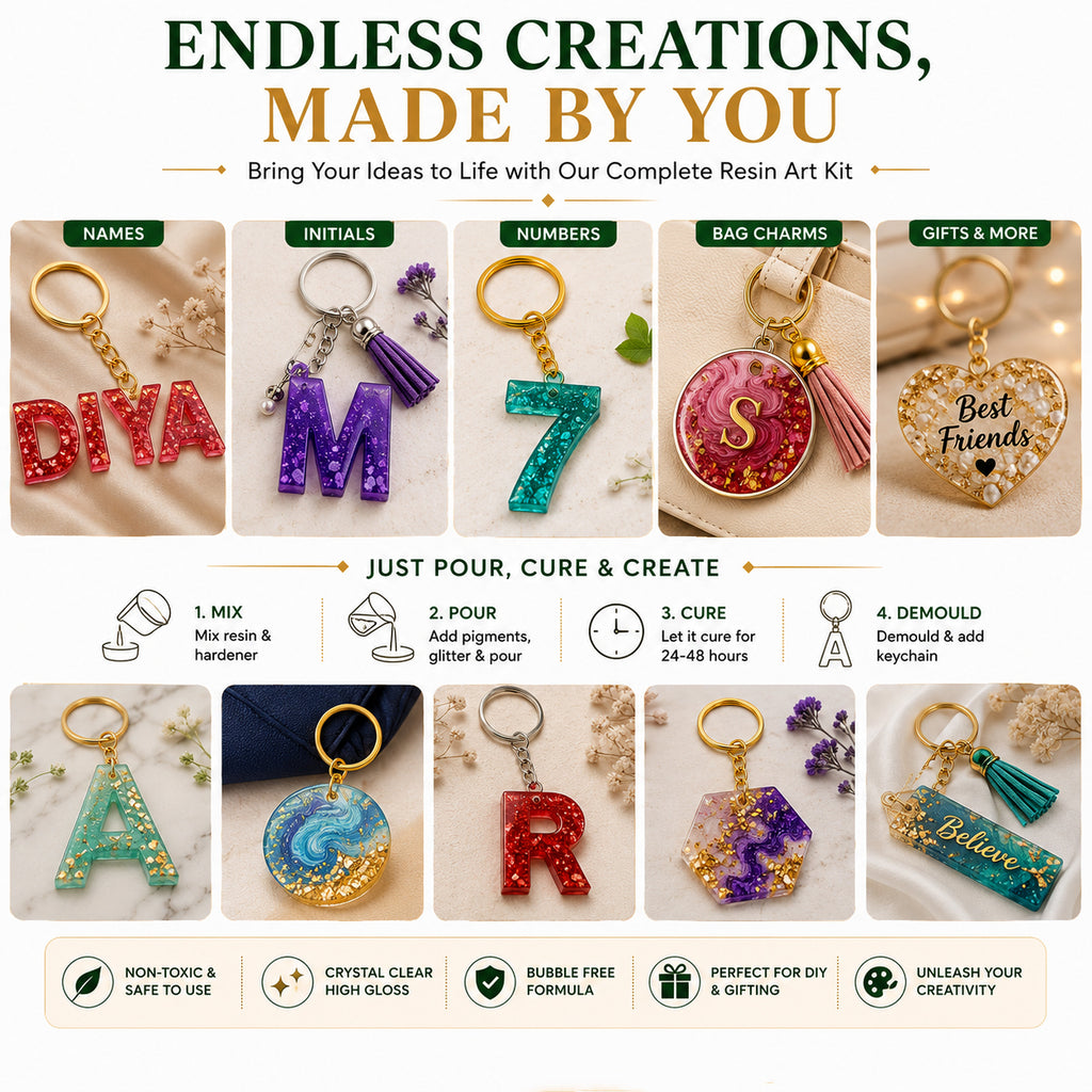 Jinoyal Resin Art Starter Kit with Epoxy Resin, Alphabet Mould, mica Powder  & Keychain Accessories