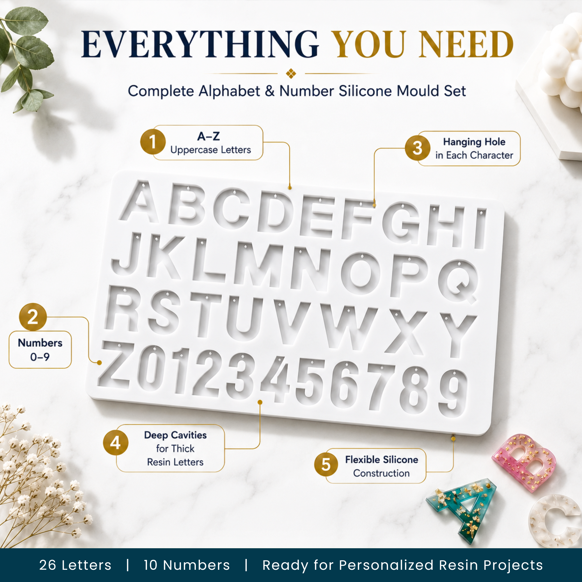 Jinoyal Alphabet & Number Silicone Resin Mould | Letter & Number Epoxy Casting Mould for DIY Crafts