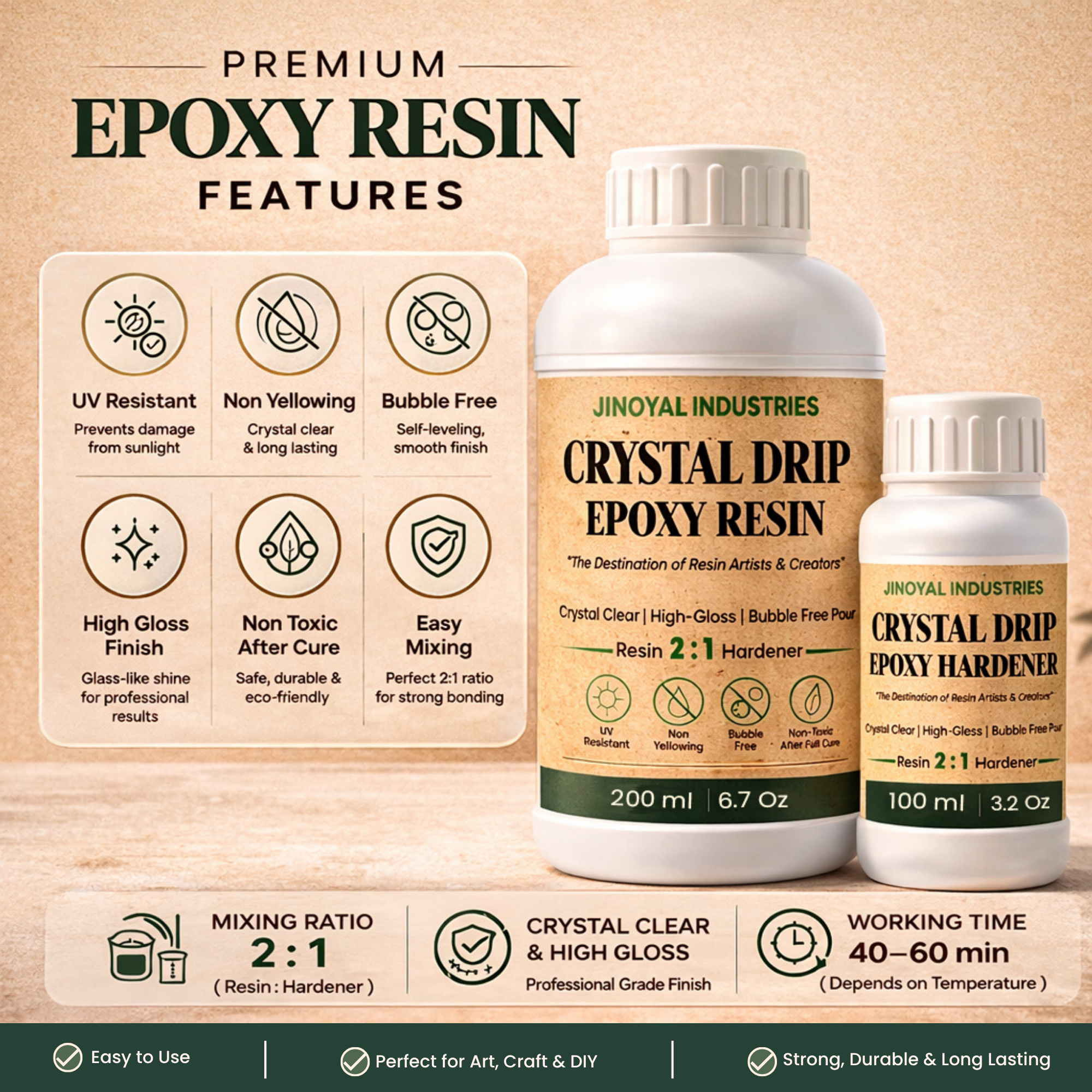 Crystal Drip Epoxy Resin Kit – Bubble Free, High Gloss, Non-Yellowing (2:1 Mix) 300ml