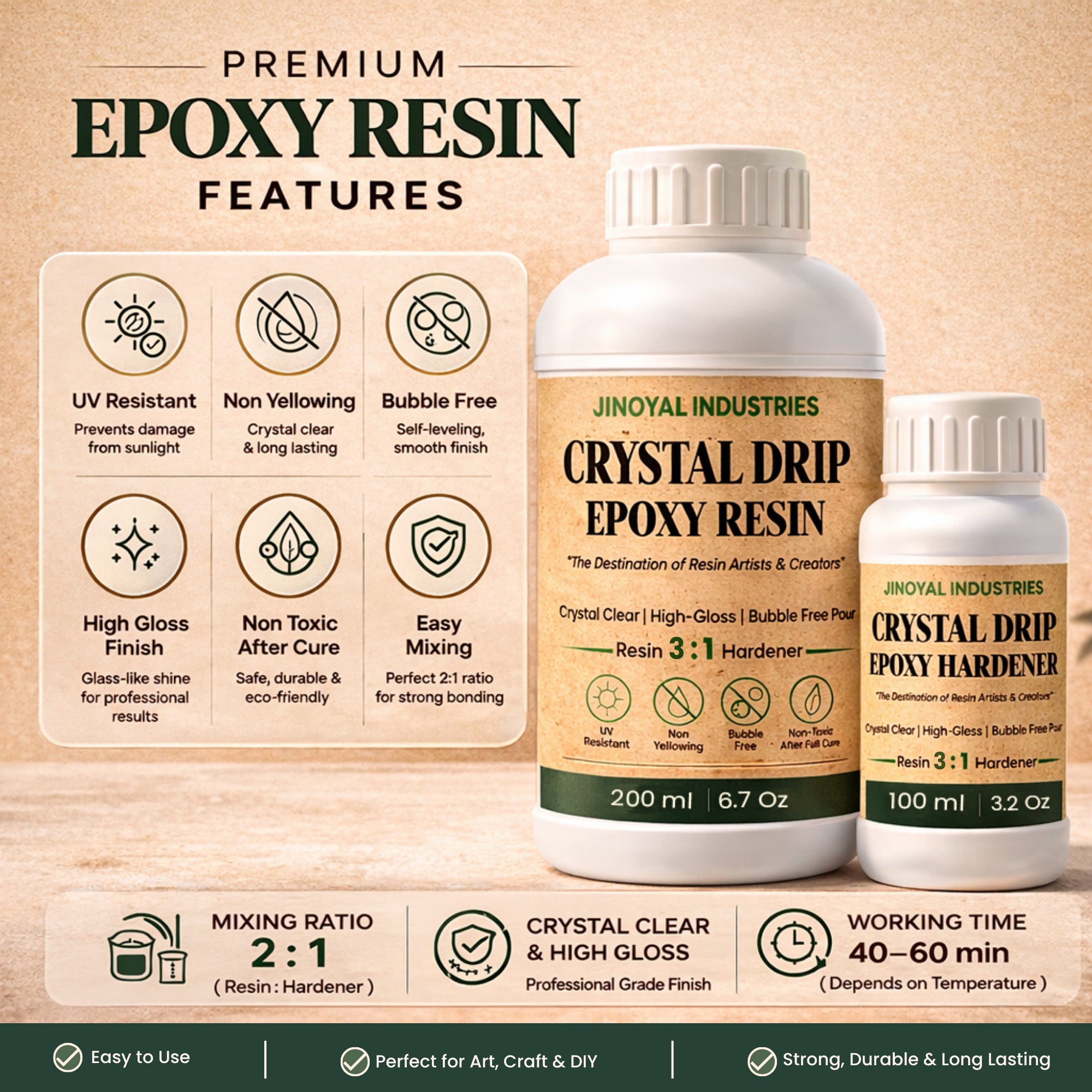 Epoxy Resin Hardener – Crystal Clear, Bubble Free Finish Non-Yellowing (3:1 Mix) 600ml
