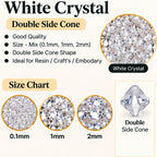 Jinoyal White Crystal Double Side Cone Stones Mix 0.1mm, 1mm & 2mm for Resin Art, Craft, Embroidery & Jewellery Making