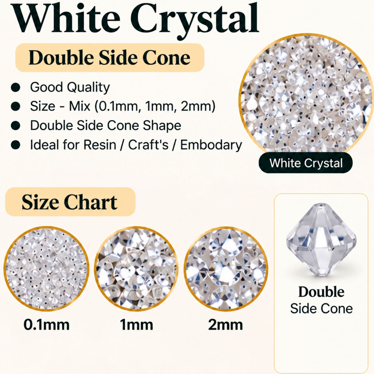 Jinoyal White Crystal Double Side Cone Stones Mix 0.1mm, 1mm & 2mm for Resin Art, Craft, Embroidery & Jewellery Making
