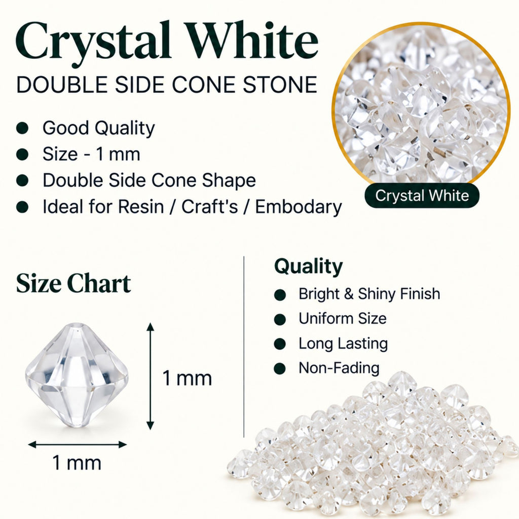Jinoyal Crystal White Double Side Cone Stones 1mm for Resin Art, Craft, Embroidery & Jewellery Making