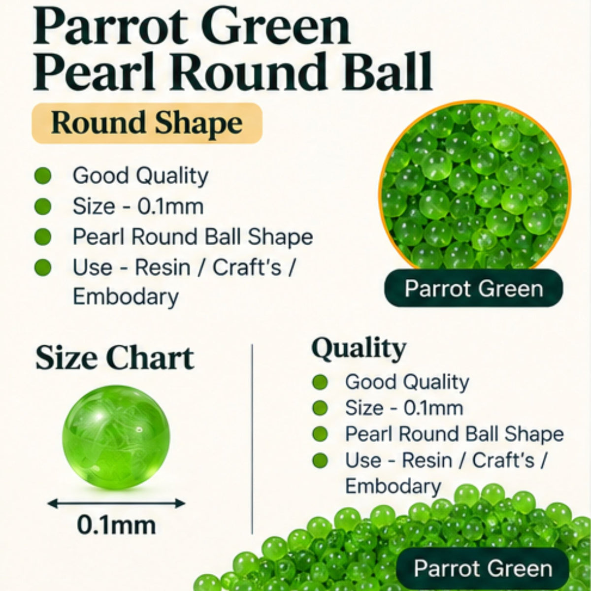 Jinoyal Parrot Green Pearl Round Ball Stones 0.1mm for Resin Art, Craft, Embroidery & Jewellery Making