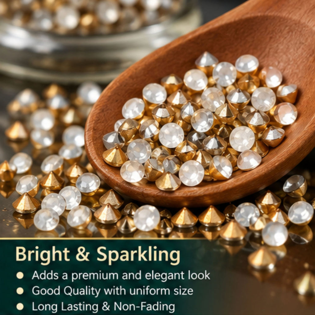 Jinoyal Gold & Crystal White Decorative Cone and Round Stones for Resin Art, Craft, Embroidery & Jewellery Making