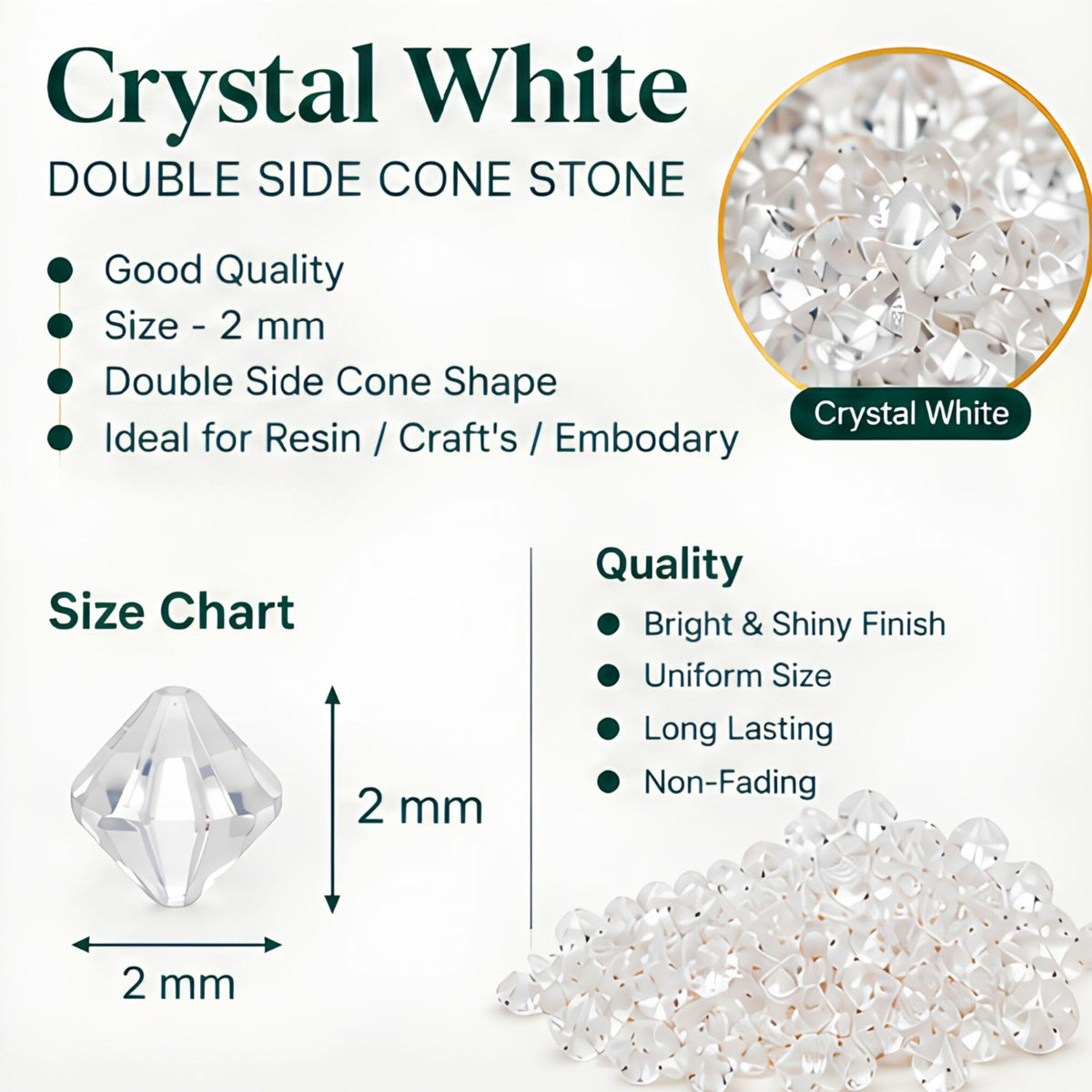 Jinoyal Crystal White Double Side Cone Stones 2mm for Resin Art, Craft, Embroidery & Jewellery Making