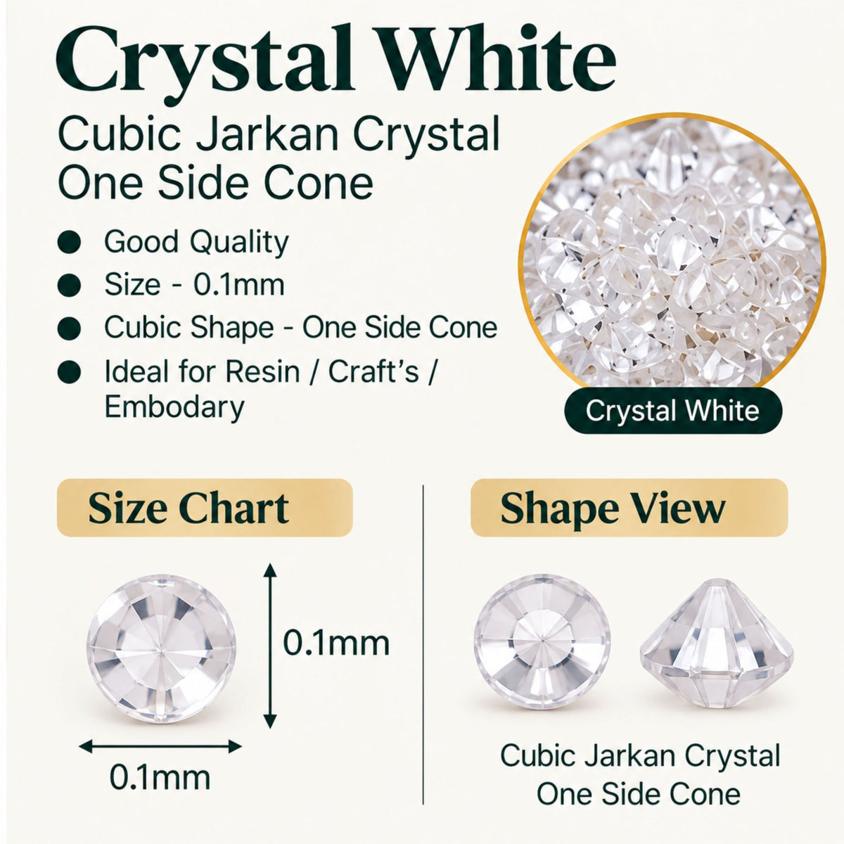 Jinoyal Crystal White Cubic Jarkan One Side Cone Stones 0.1mm for Resin Art, Craft, Embroidery & Jewellery Making