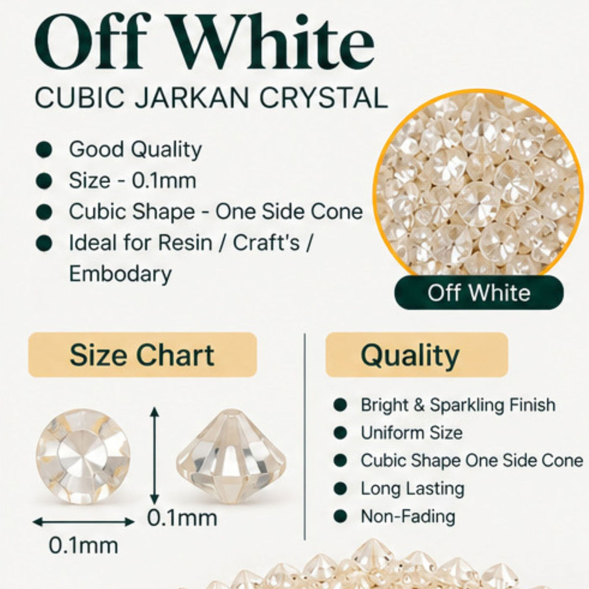 Jinoyal Off White Cubic Jarkan Crystal 0.1mm One Side Cone for Resin Art, Craft, Embroidery & Jewellery Making