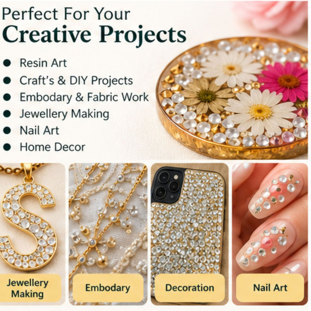 Jinoyal Gold & Crystal White Decorative Cone and Round Stones for Resin Art, Craft, Embroidery & Jewellery Making