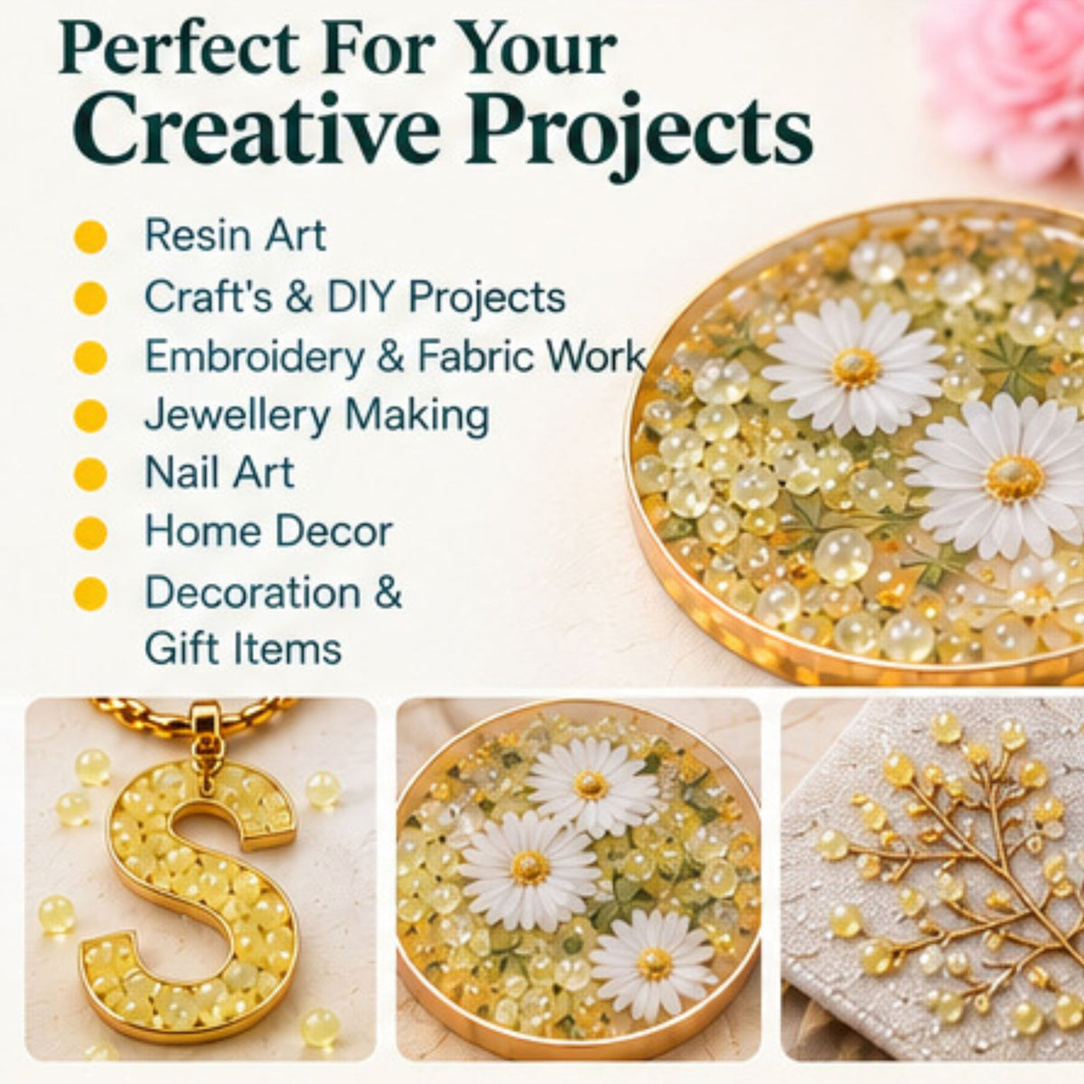 Jinoyal Lemon Yellow Pearl Round Ball Stones 0.1mm for Resin Art, Craft, Embroidery & Jewellery Making