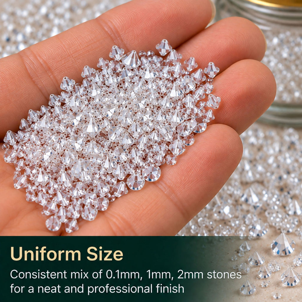 Jinoyal White Crystal Double Side Cone Stones Mix 0.1mm, 1mm & 2mm for Resin Art, Craft, Embroidery & Jewellery Making
