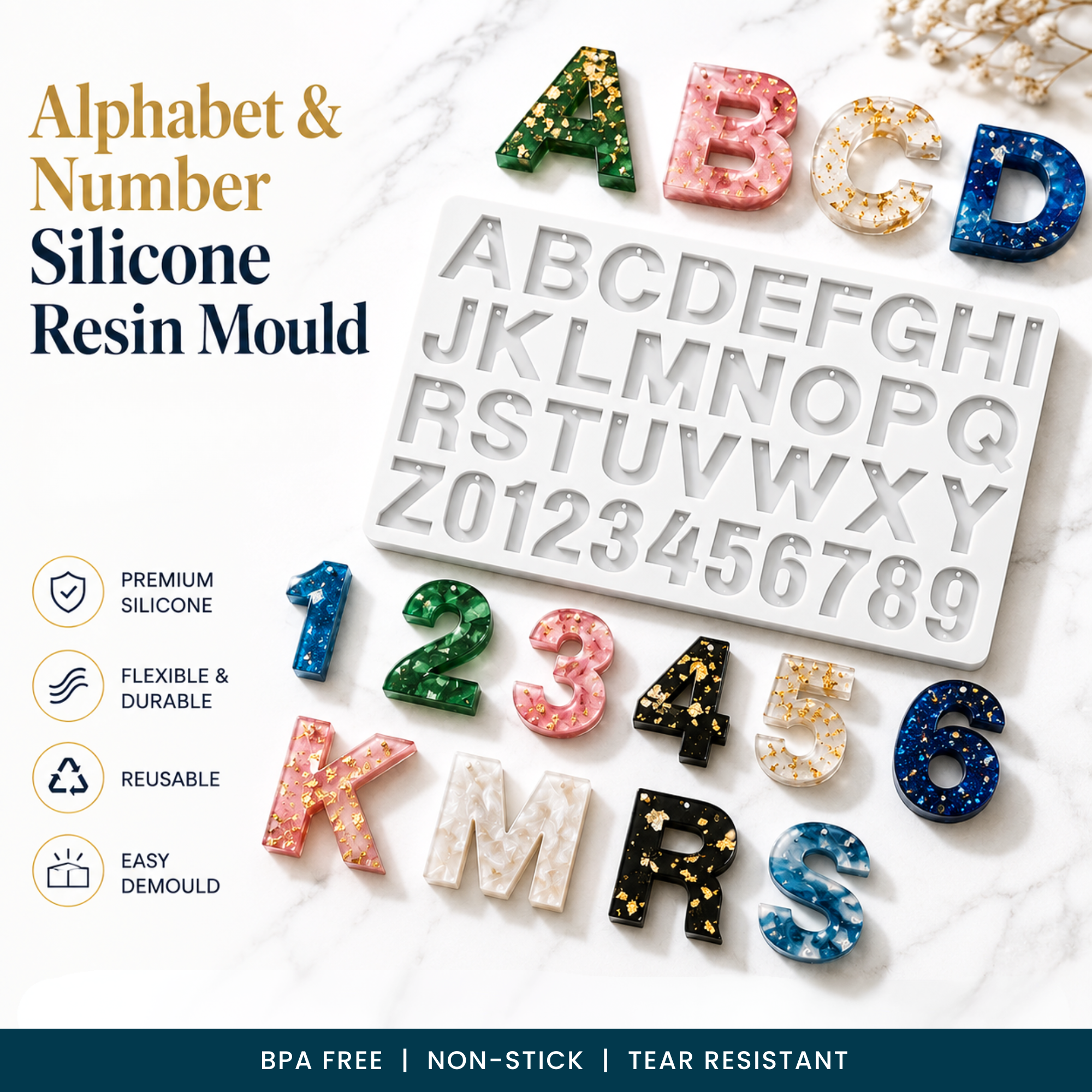 Jinoyal Alphabet & Number Silicone Resin Mould | Letter & Number Epoxy Casting Mould for DIY Crafts