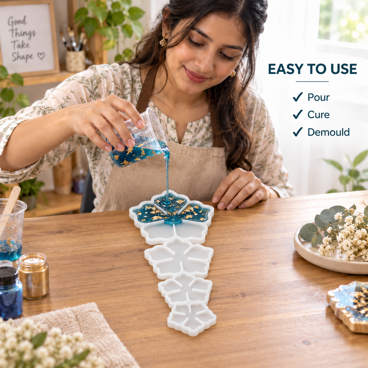 Jinoyal 4 in 1 3D Leaf Flower Silicone Mould for Epoxy Resin Art Coasters Rangoli Tealight Holders Home Décor and DIY Crafts