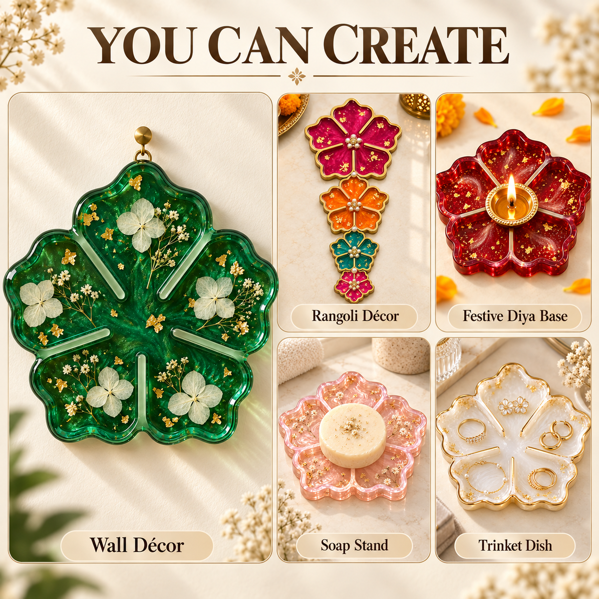 Jinoyal 4 in 1 3D Leaf Flower Silicone Mould for Epoxy Resin Art Coasters Rangoli Tealight Holders Home Décor and DIY Crafts